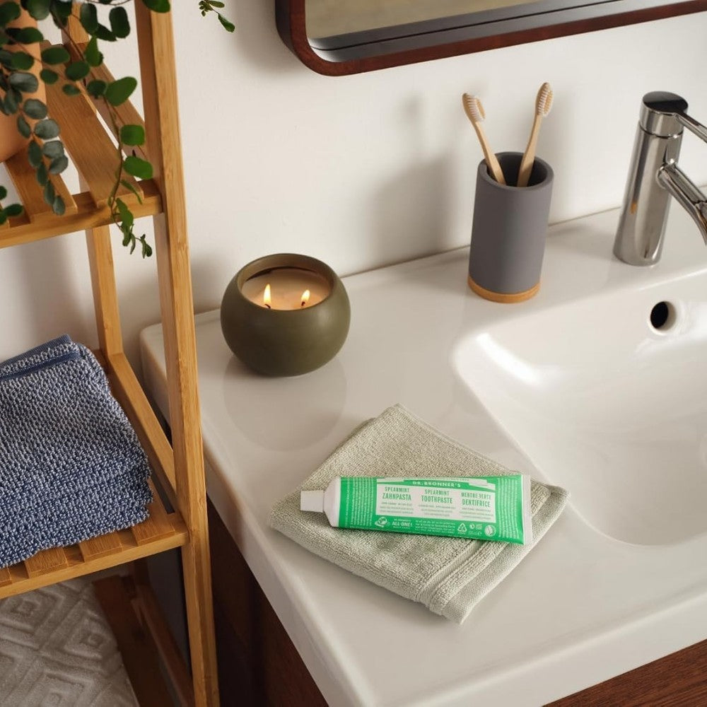 Dr. Bronner's Spearmint Fluoride Free Toothpaste 105ml tube and box for everyday oral care
