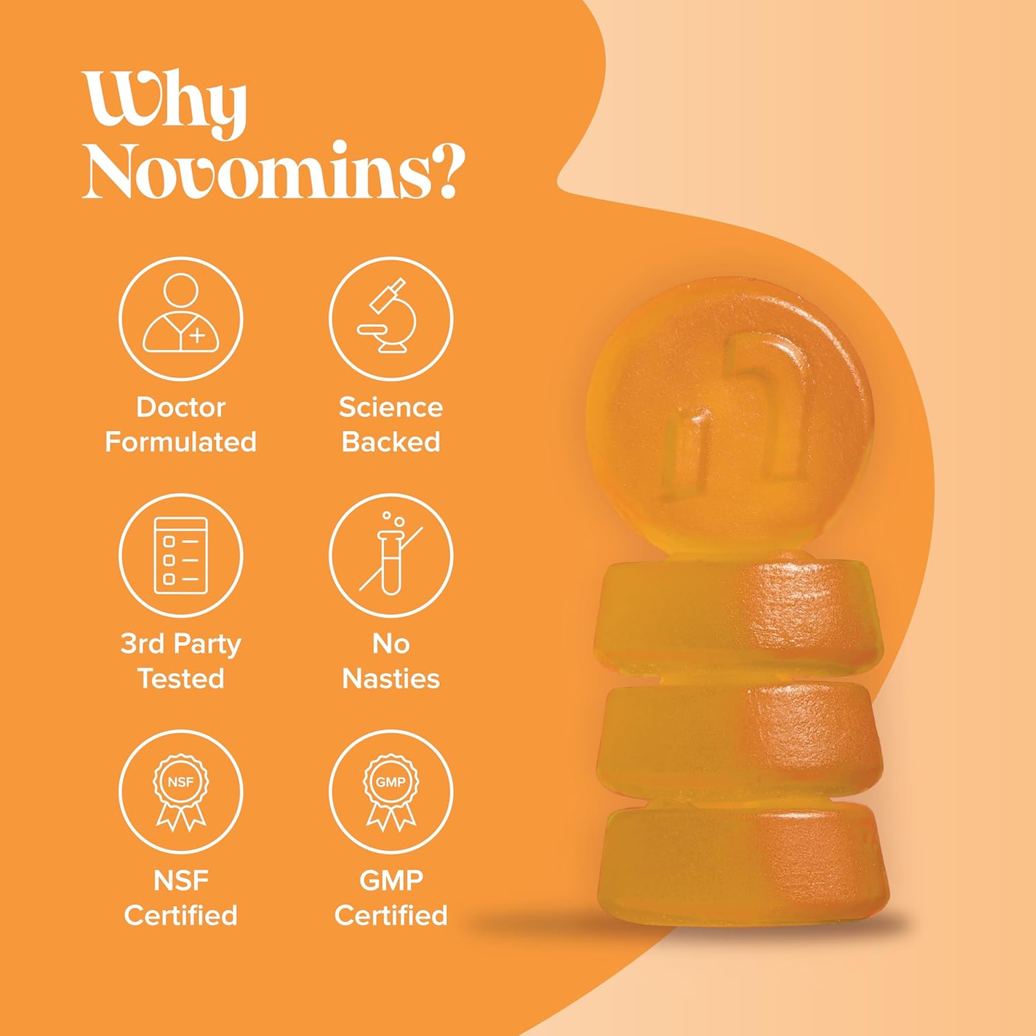 Novomins Vitamin D3 Gummies 4000 IU Mango 60 Count vegan gummies supplement close up