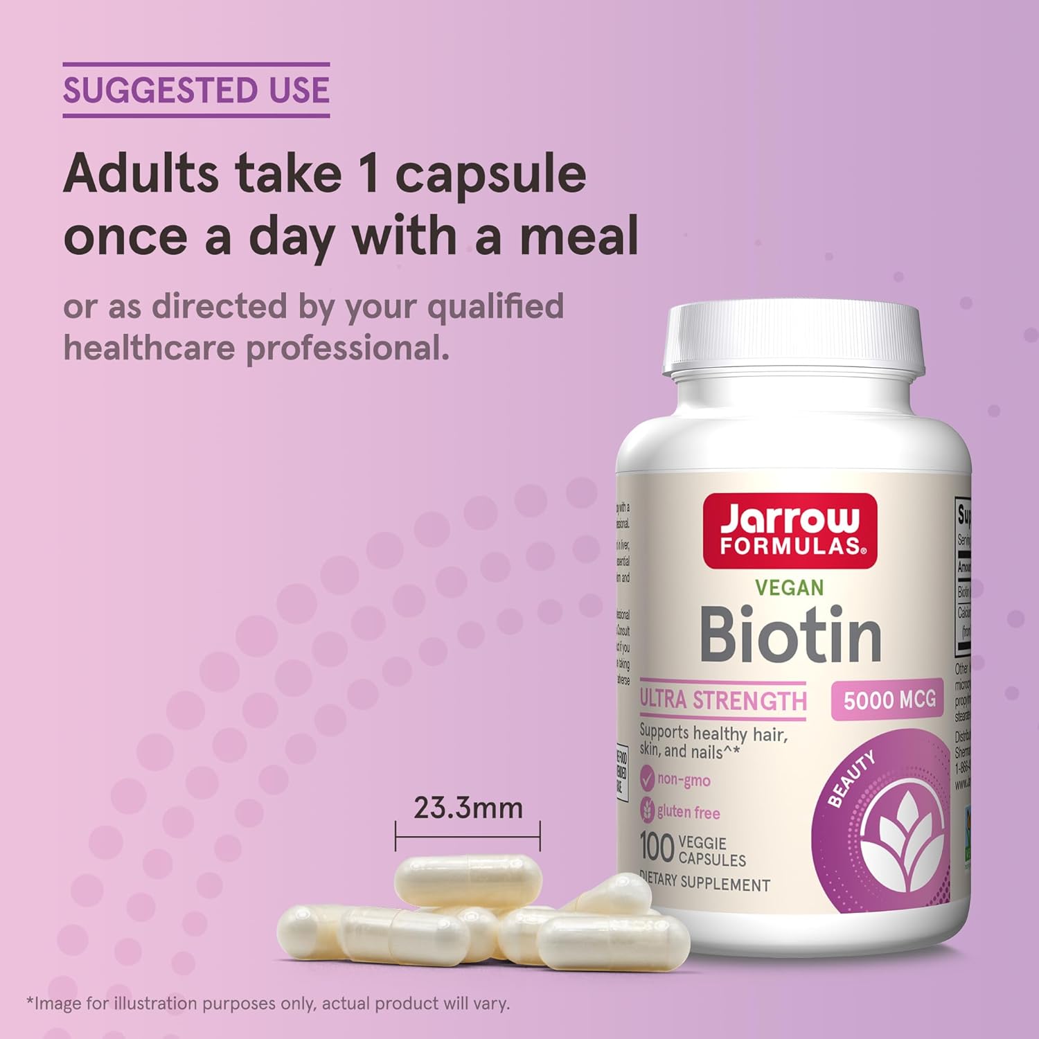 How to Use: One Jarrow Biotin veggie capsule next to the bottle.