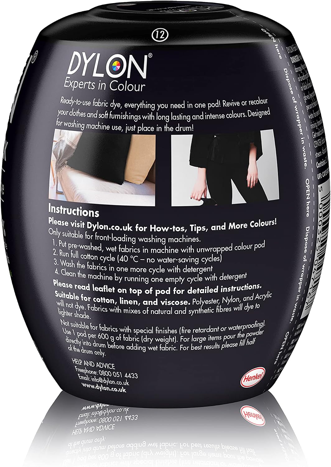 Dylon All-in-1 Washing Machine Fabric Dye Pod Intense Black 350g ingredients information packaging
