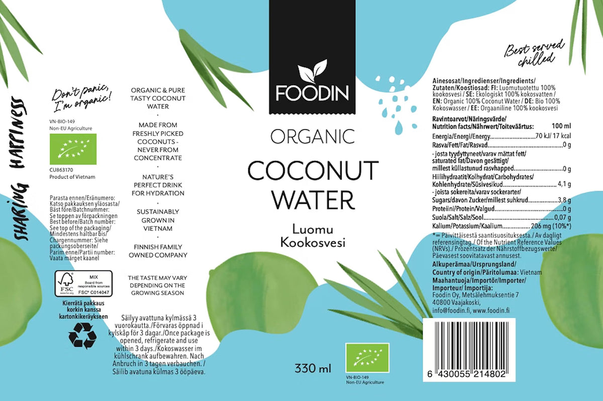 Foodin Organic Coconut Water coconut drink carton 330ml ingredients & barcode