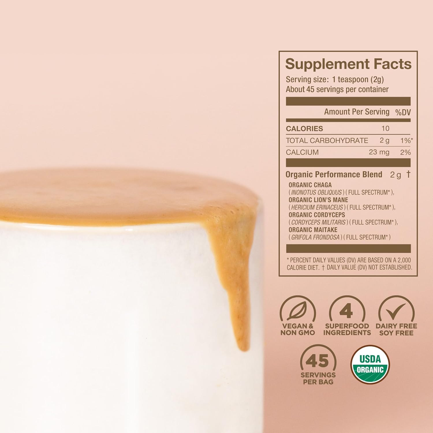 Laird Superfood mushroom blend ingredients label 90g on white background