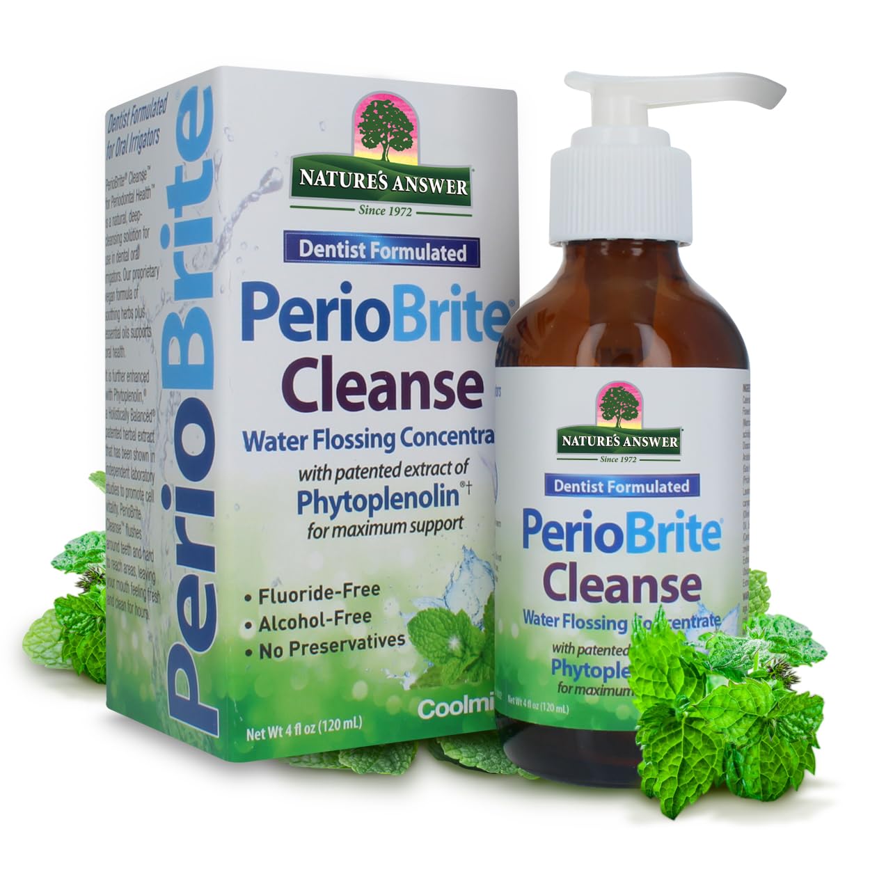 Nature’s Answer PerioBrite Cleanse oral cleansing concentrate 120ml box & bottle front view
