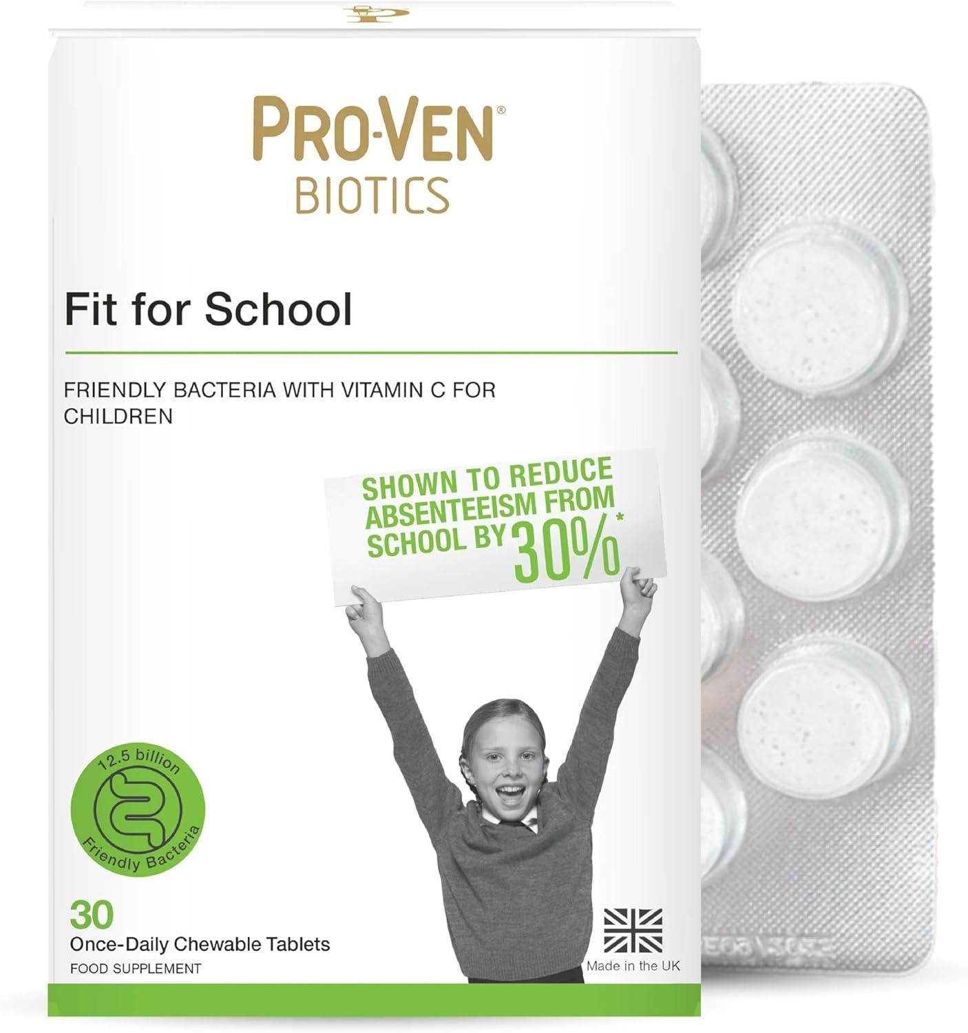 Front Image: ProVen Fit for School probiotic chewable tablets 30 count strawberry flavour packaging front