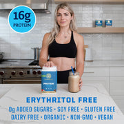 Mocha protein powder being mixed into a morning coffee or shake.