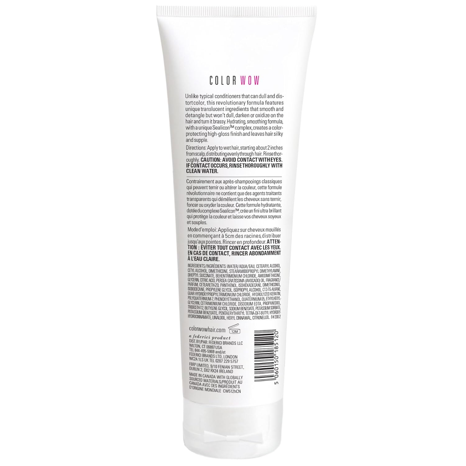 Back label of Color Wow Color Security Conditioner 250ml showing ingredients, barcode and instructions.