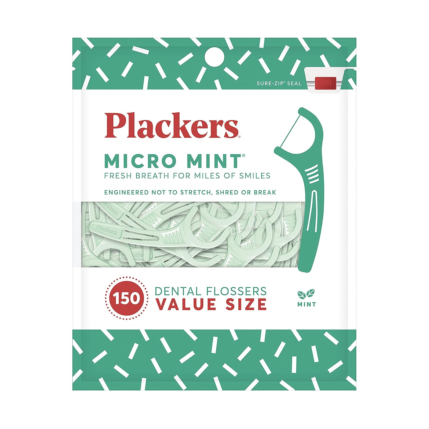 Plackers Micro Mint Dental Flossers, resealable bag packaging, Mint flavour, 150 flossers