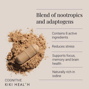 Supplement facts & ingredients image: KIKI Health Cognitive nootropic adaptogen blend ingredient panel bottle 60 count