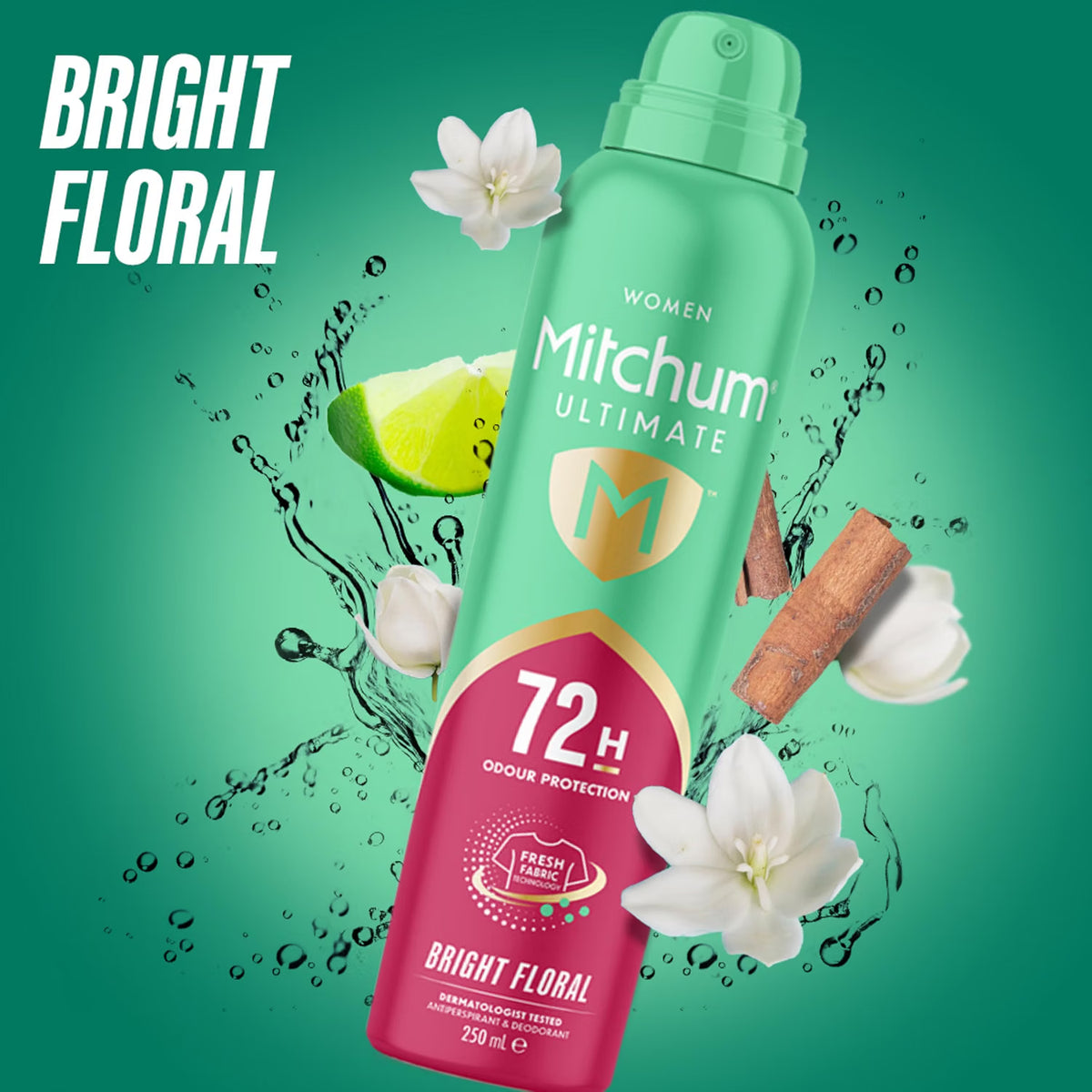 Mitchum Women's Ultimate 72H Bright Floral Antiperspirant aerosol spray can 250ml personal care use
