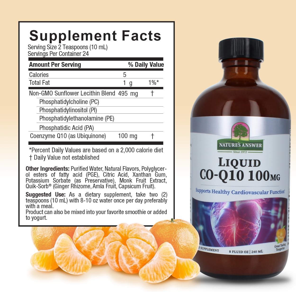 Nature’s Answer liquid CoQ10 ingredient label 240ml back view on a beige background