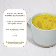 How to Use: Laird Superfood turmeric coffee creamer mixing instructions 227g on white background