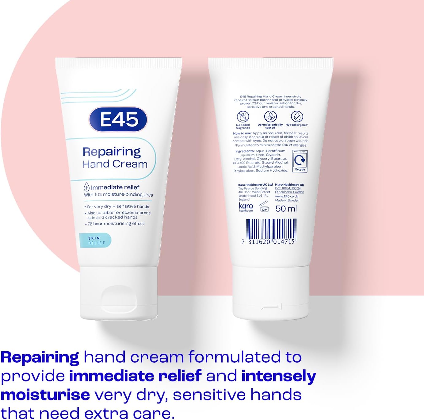 E45 Repairing Hand Cream barcode on fragrance free hand cream tube 50ml