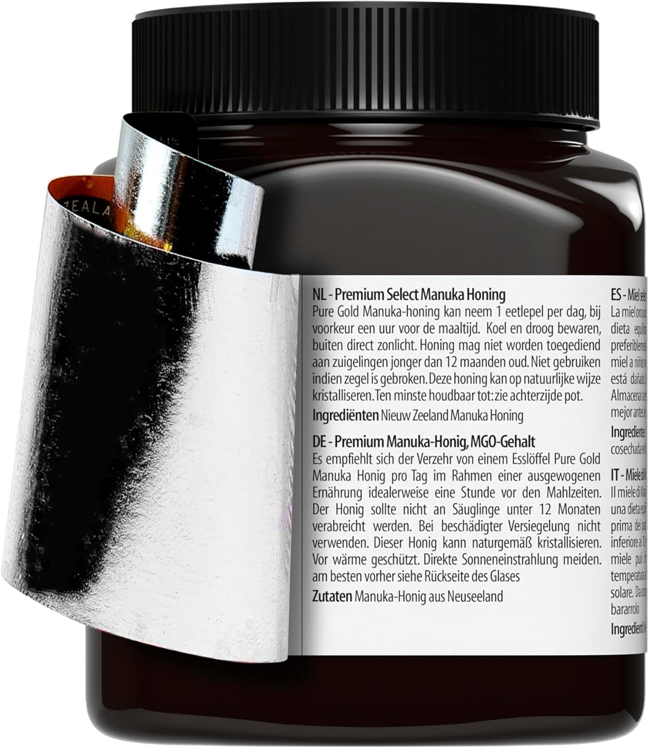 Close-up of MGO certification and quality seals on label.