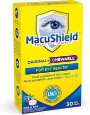 MacuShield Original Plus Chewable bilberry flavour 30 tablets front box on white background