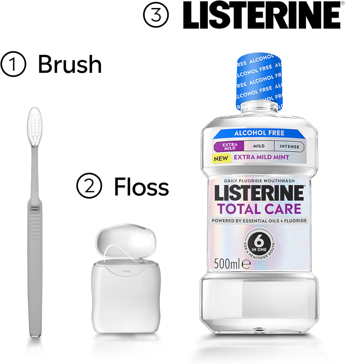 Listerine Total Care Extra Mild Mint Alcohol Free Mouthwash oral rinse bottle 500ml how to use