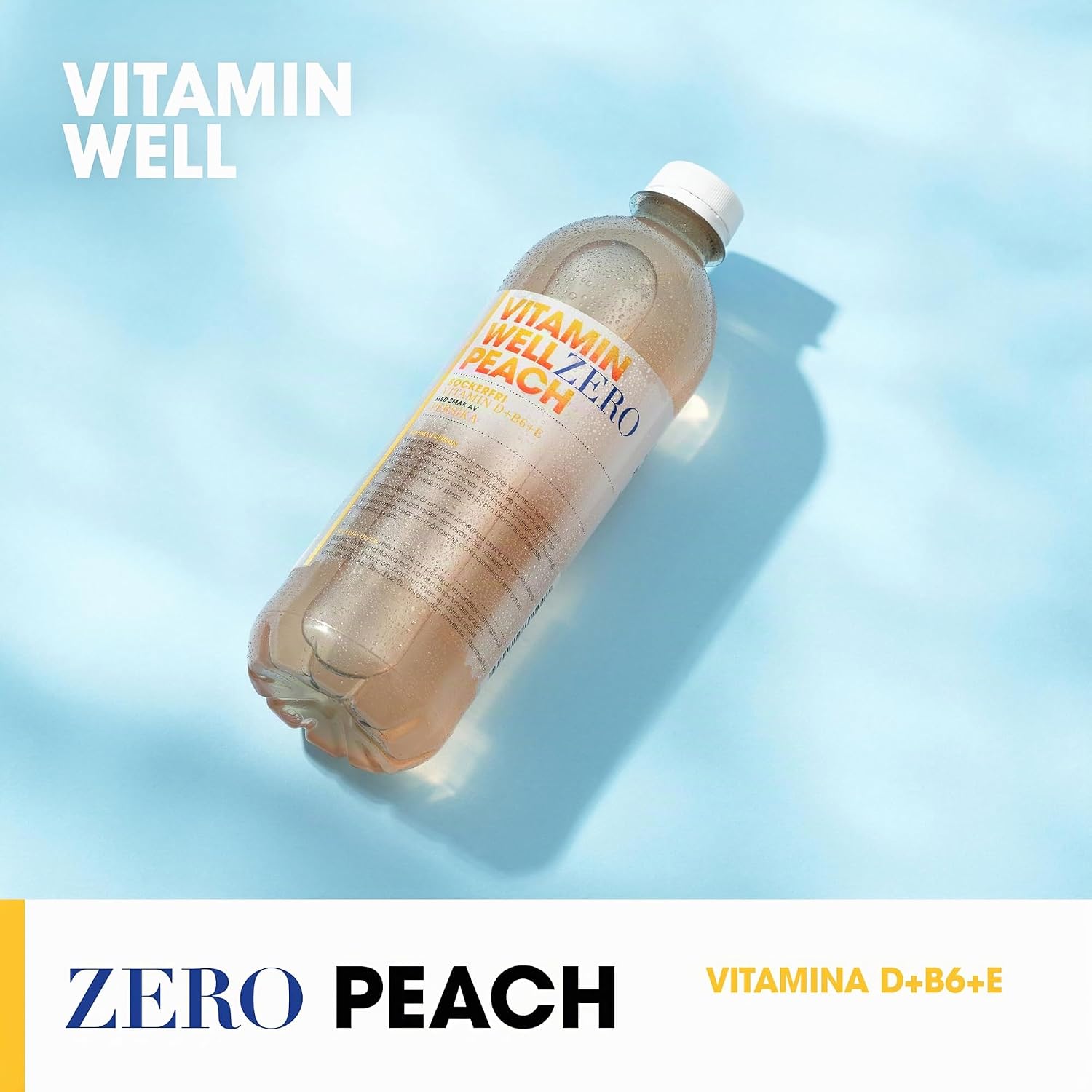 Vitamin Well Zero Peach Vitamin Drink, plastic bottle packaging, Peach flavour, 12 x 500ml, chilled ready-to-drink beverage use