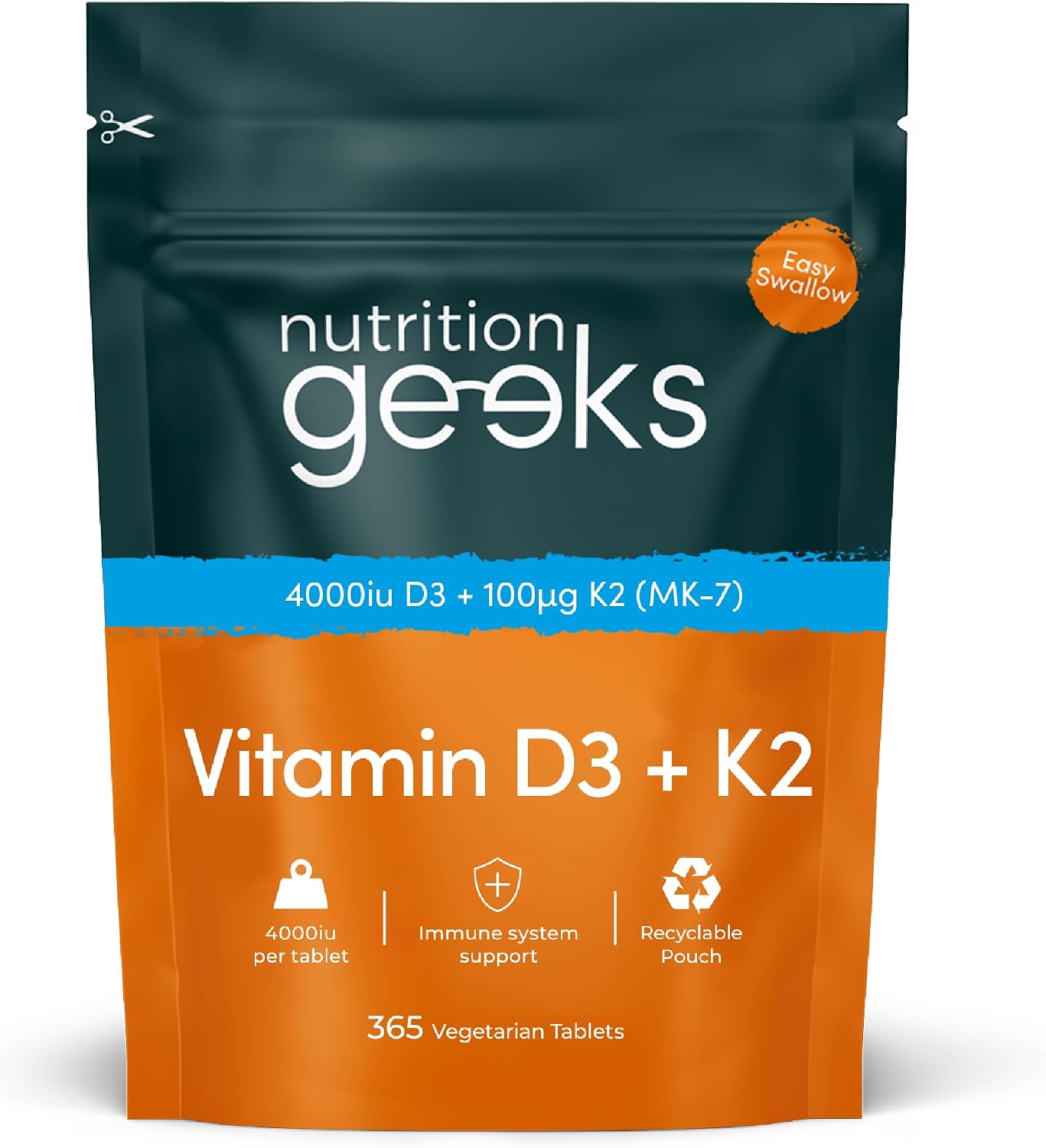 Nutrition Geeks Vitamin D3 + K2 4000IU, vegetarian food supplement tablet packaging, no flavour, 365 tablets
