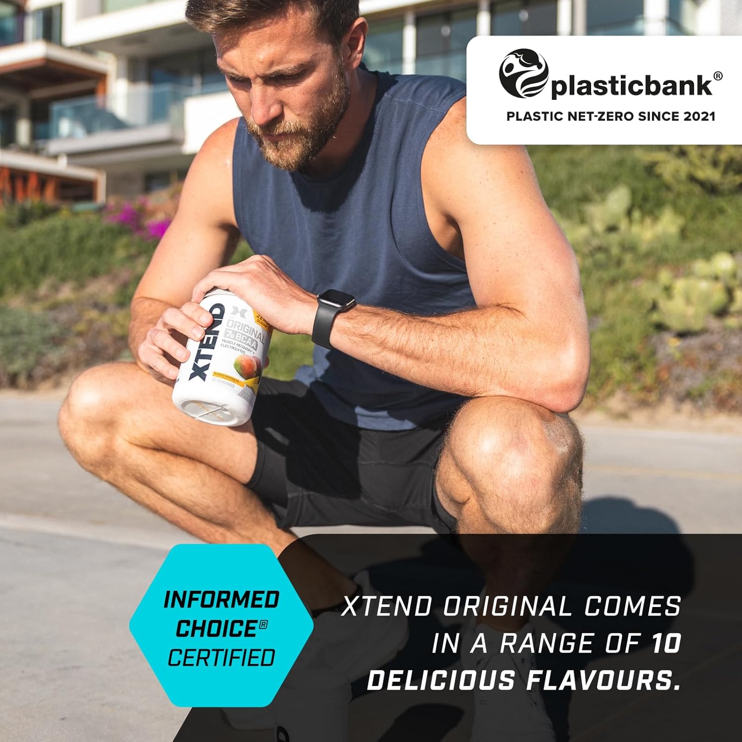 Lifestyle/use image: XTEND Original BCAA Powder Mango Madness drink prepared in shaker tub powder 441g 30 servings