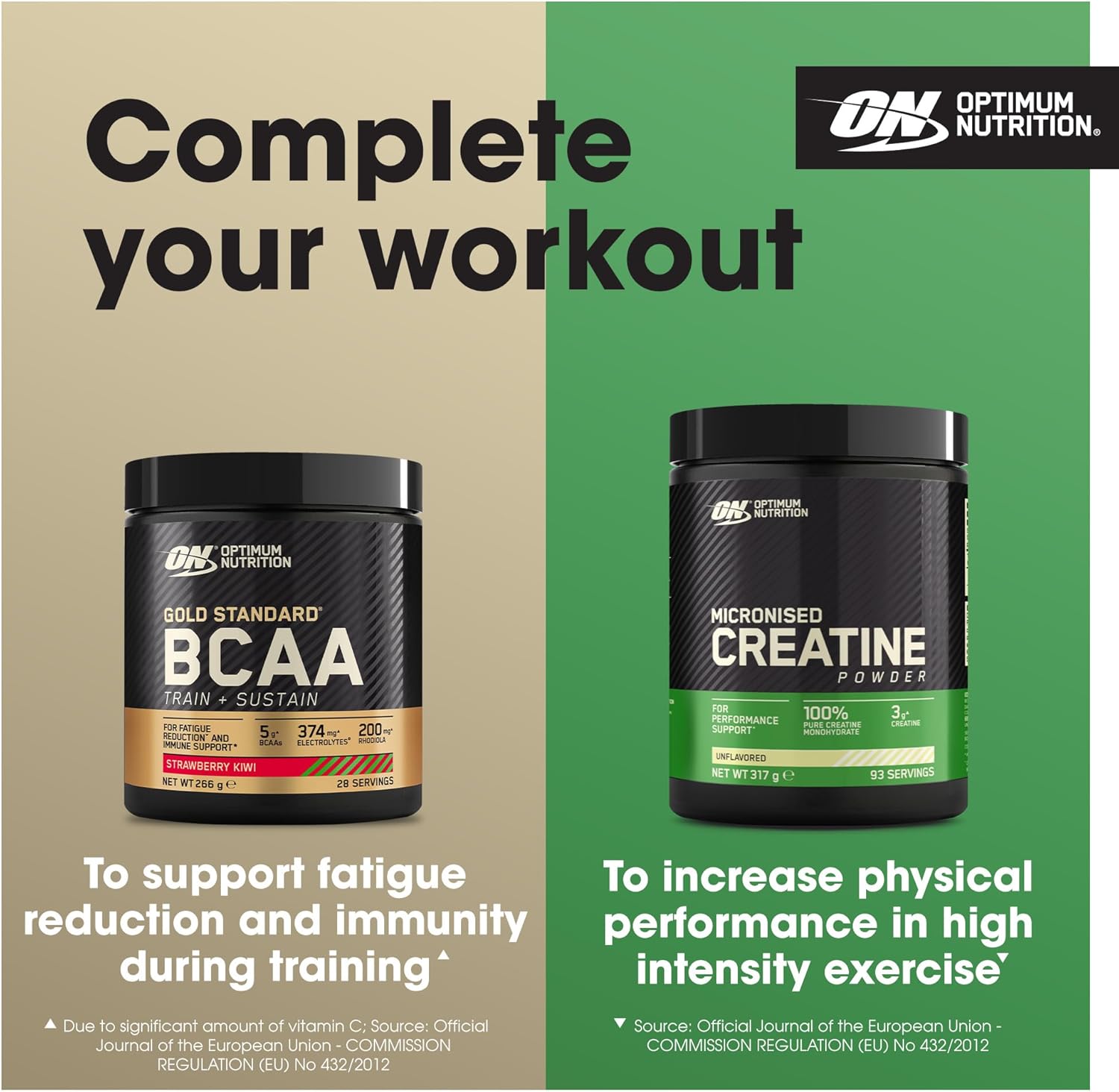 Optimum Nutrition BCAA and Creatine powder containers with promotional text on a green and beige background.