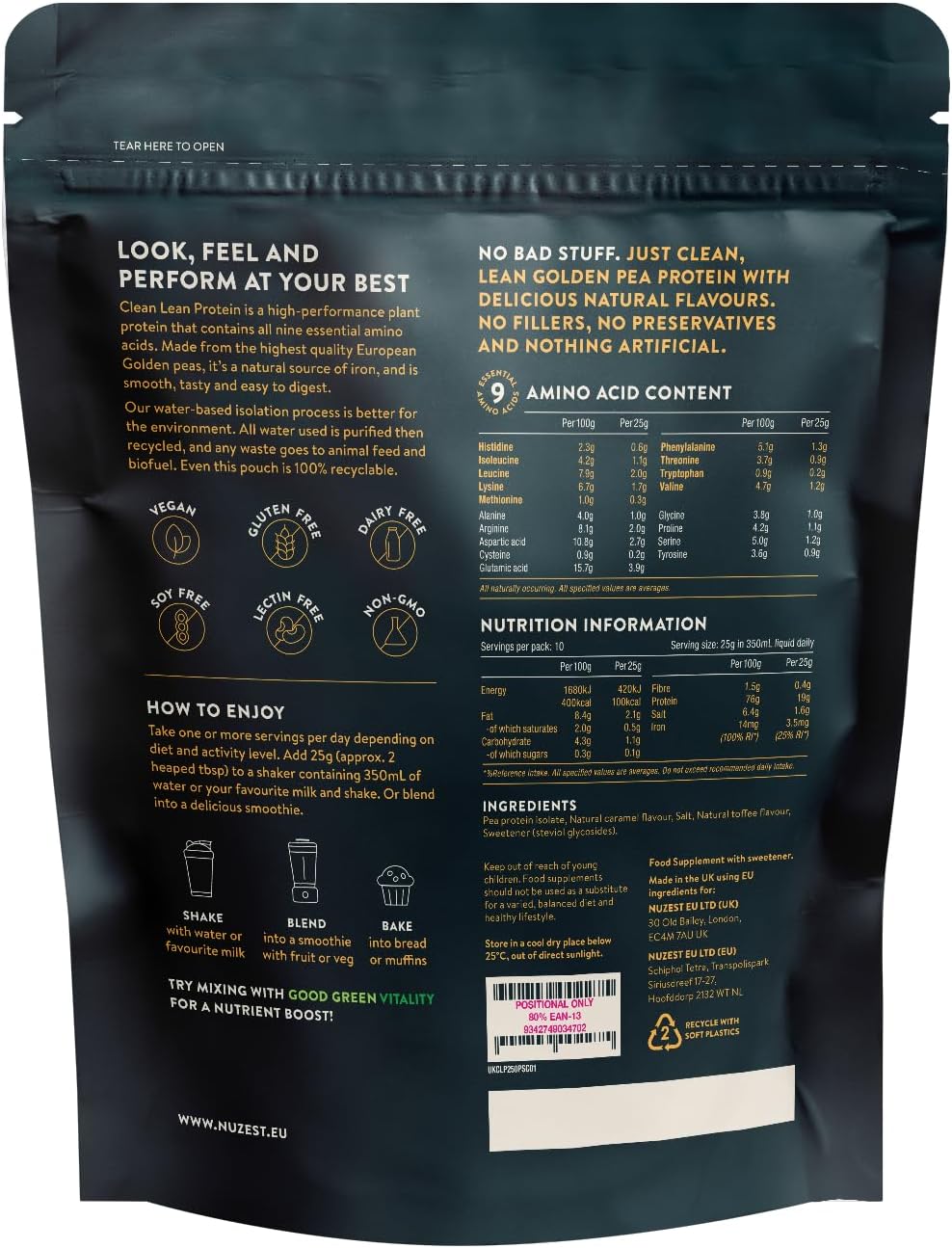 Nutritional info, barcode & ingredients for Nuzest Clean Lean Protein Salted Caramel.