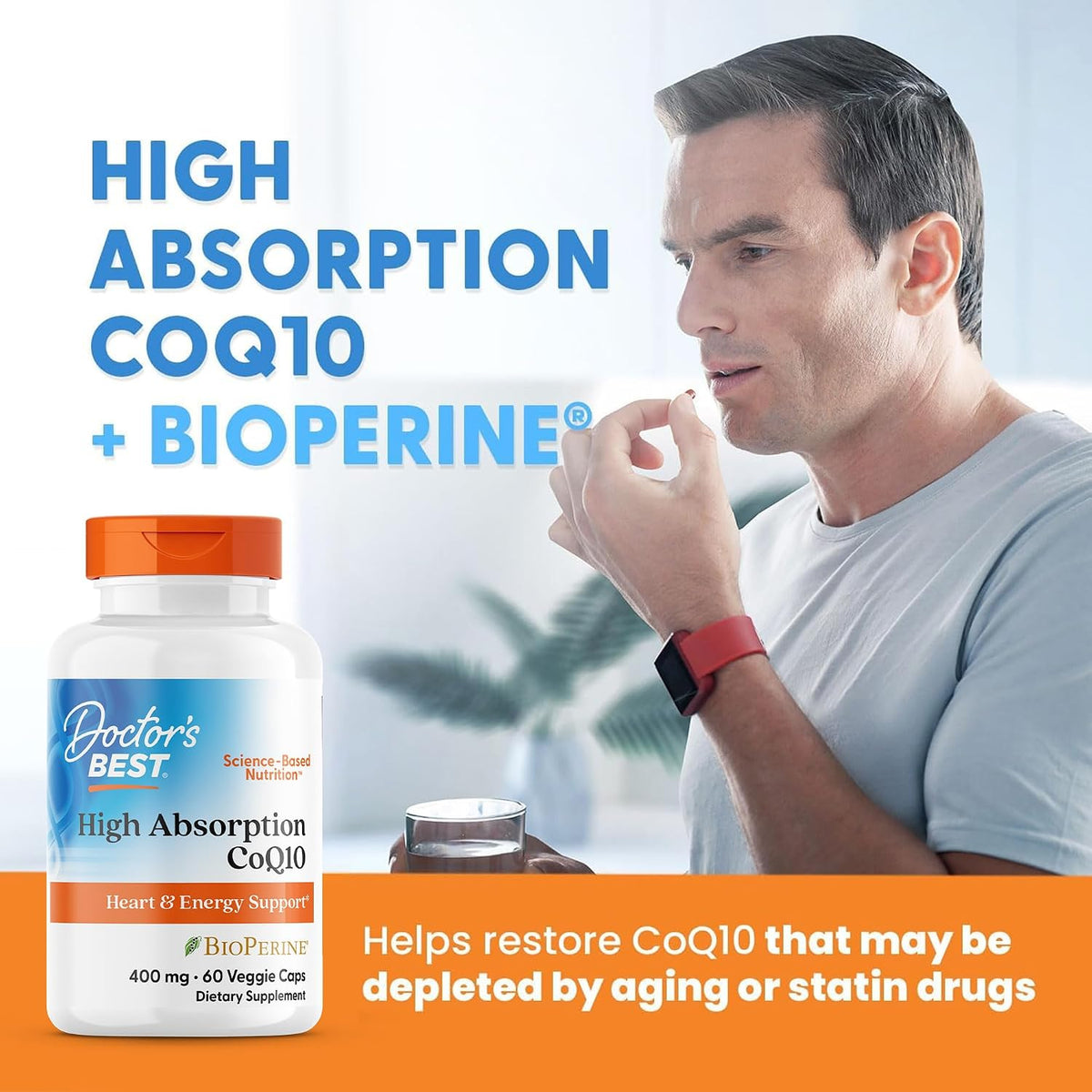 Doctor's Best High Absorption CoQ10 with BioPerine, bottle packaging, unflavoured, 400mg, 60 veggie capsules, daily dietary supplement use