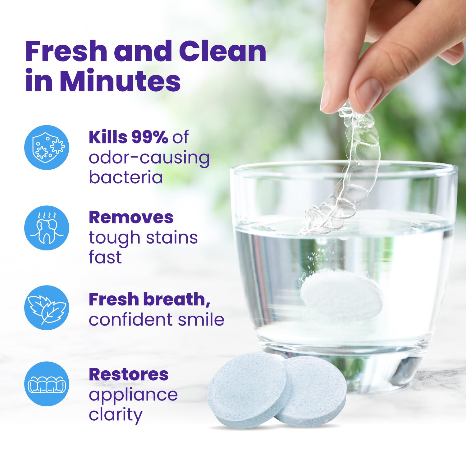 Retainer Brite Cleaning Tablets, cardboard box and tablet packaging, no flavour specified, 96 tablets, ingredients and safety information