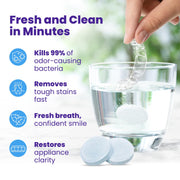Retainer Brite Cleaning Tablets, cardboard box and tablet packaging, no flavour specified, 96 tablets, ingredients and safety information