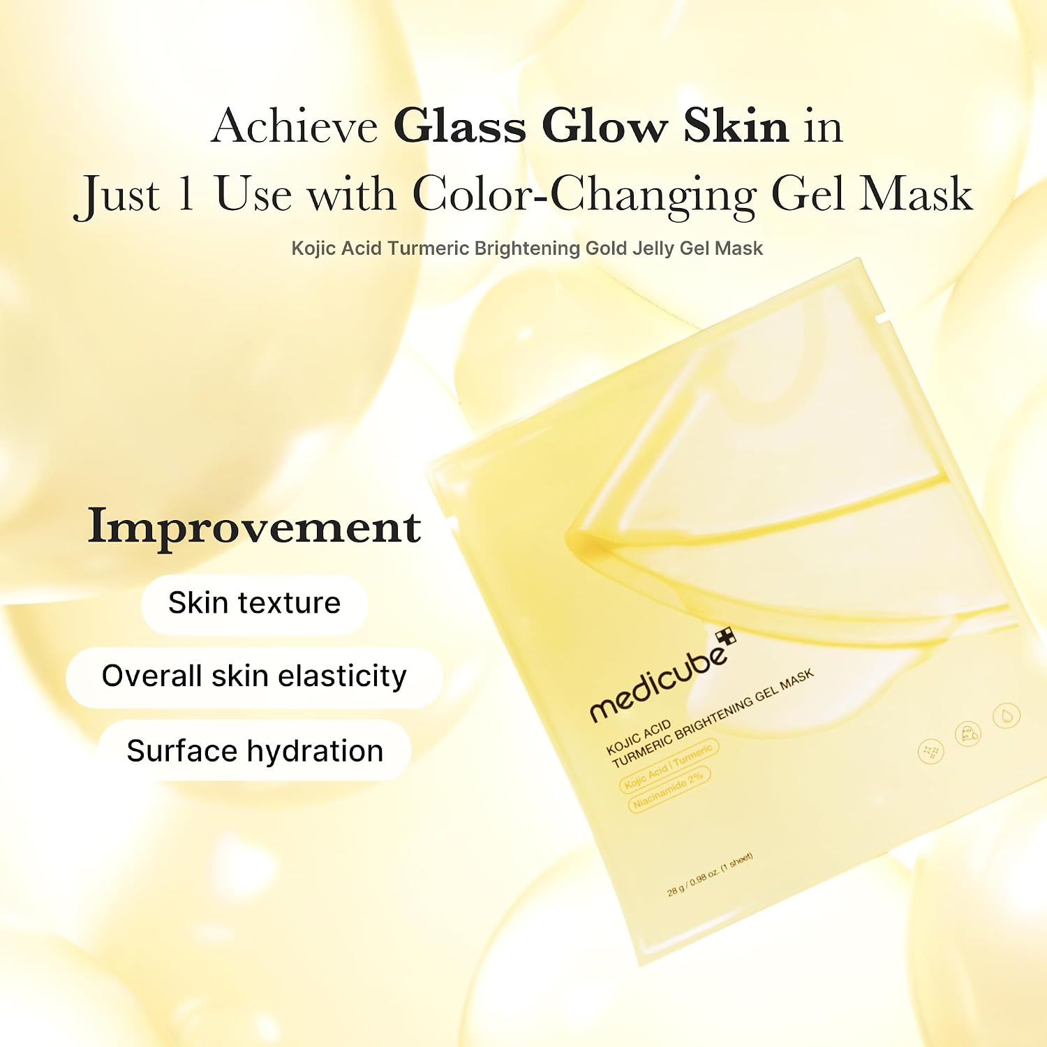 Medicube Kojic Acid Turmeric Brightening Gel Mask, individual sachet packaging, fragrance not specified, 4 masks x 28g, application directions