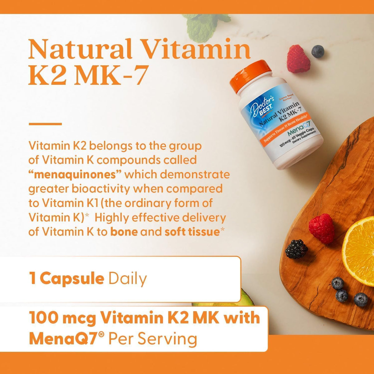 Doctor's Best Vitamina K2 Natural MK-7 con MenaQ7, 100 mcg, 60 Cápsulas Vegetarianas