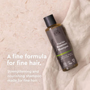 Urtekram Fine Hair Rosemary Shampoo, shampoo bottle packaging, rosemary fragrance, 250ml, product information