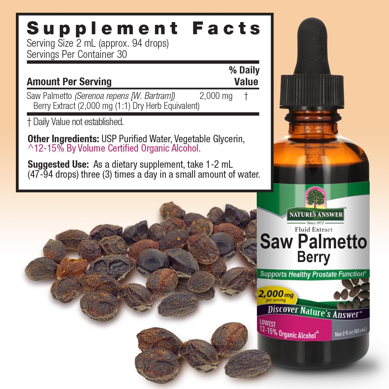 Nature’s Answer Saw Palmetto Berry Liquid Extract 60ml supplement information panel