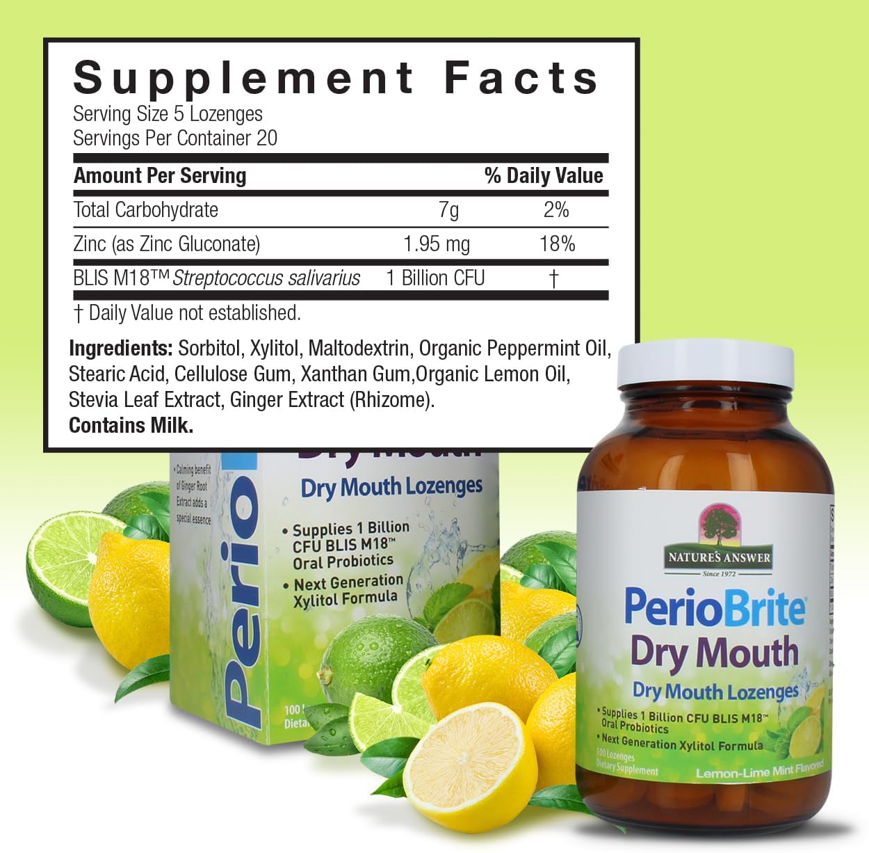 Nature’s Answer PerioBrite lemon lime lozenges ingredients and directions 100 count