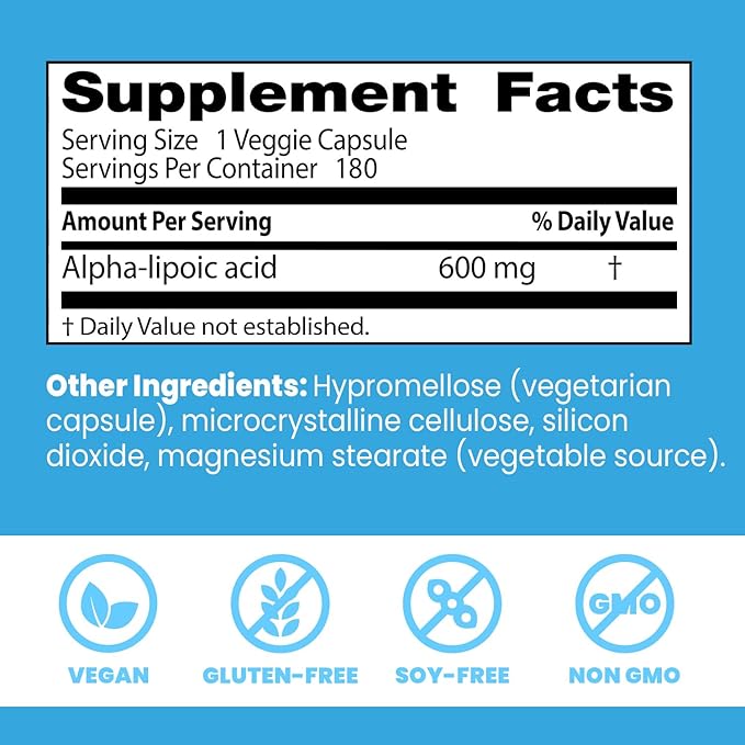 Supplement facts & ingredients image: Doctor's Best Alpha-Lipoic Acid 600mg supplement facts ingredients bottle 180 count