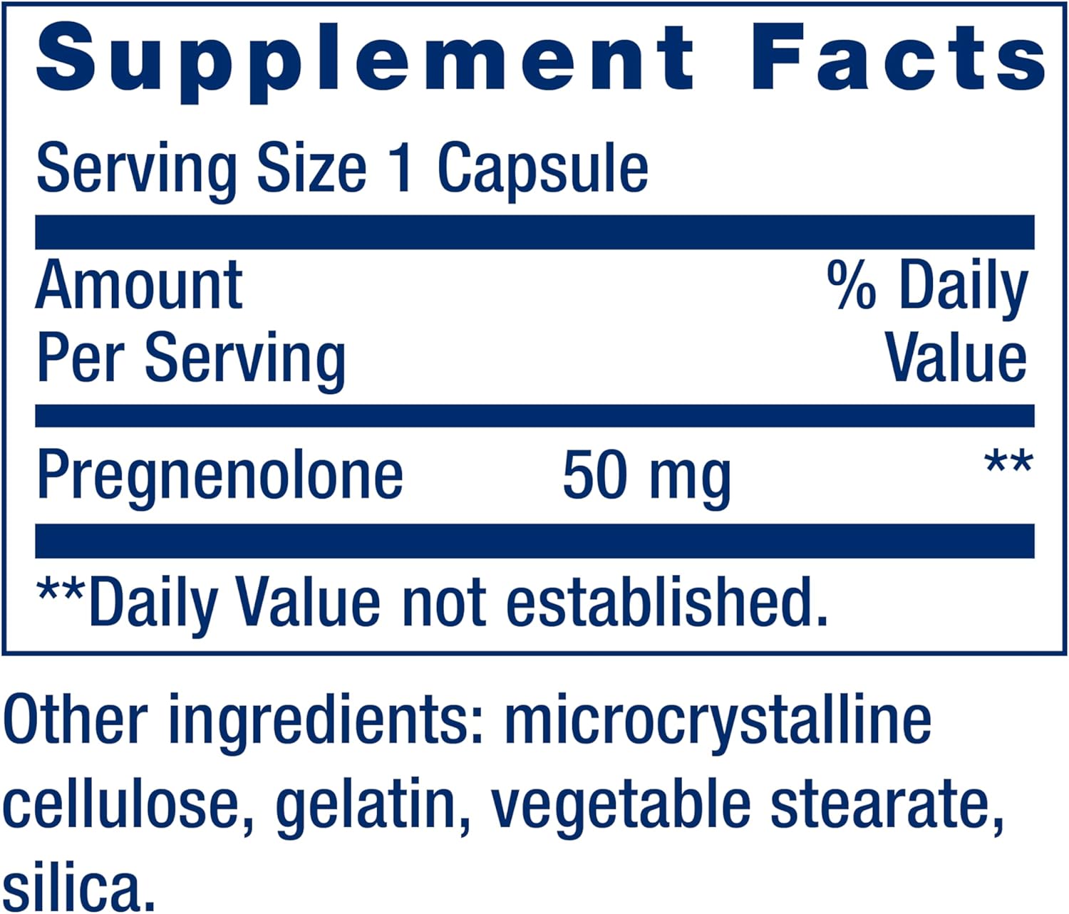 Supplement facts label for Life Extension Pregnenolone showing 50mg dosage.