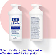 Front & back of E45 cream bottle showing ingredients.