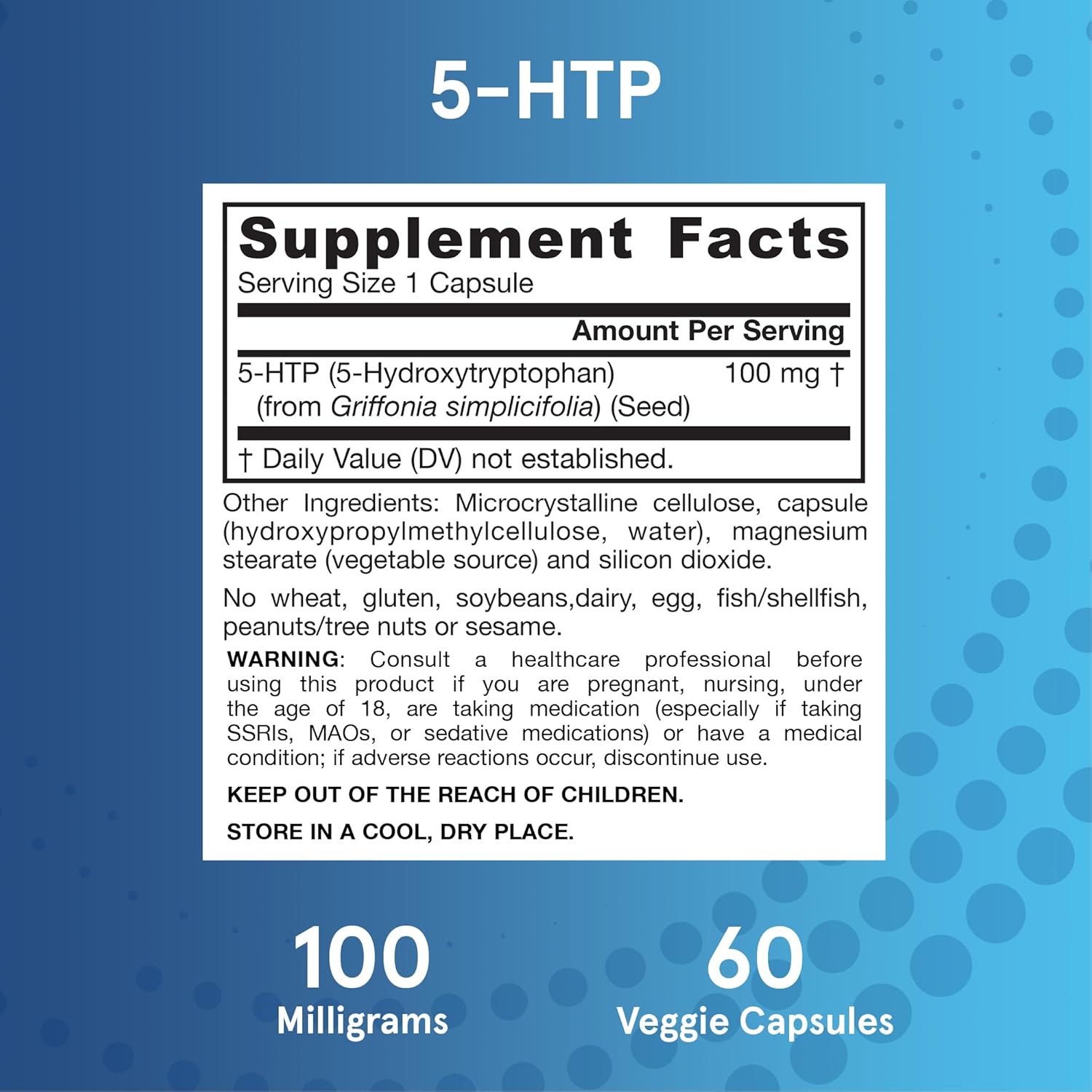 Supplement Facts Image: Jarrow Formulas 5-HTP 100mg supplement facts ingredients veggie capsules 60 count