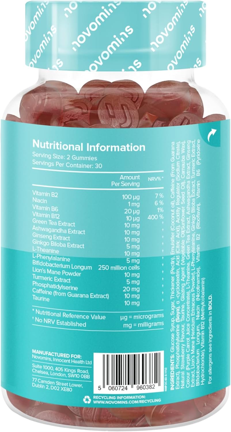 Novomins Focus Gummies Strawberry 60 Count ingredients nutritional label with barcode