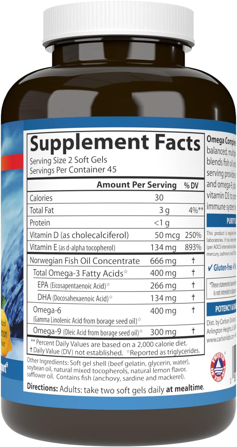 Supplement facts & ingredients image: Carlson Omega Complete Gems omega fatty acids supplement facts softgels 90 bottle