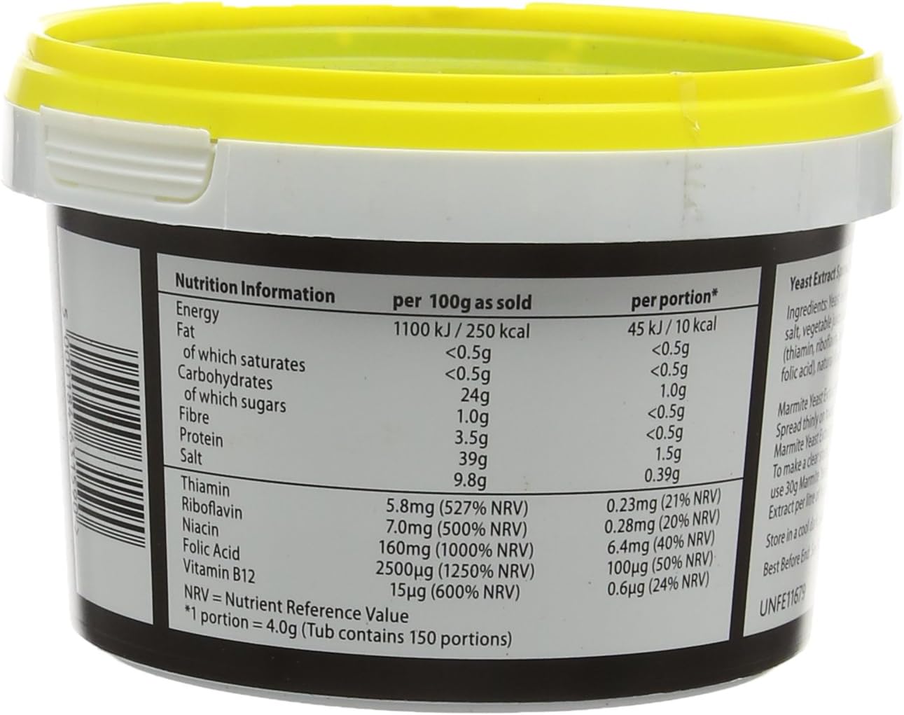 Marmite Yeast Extract Vegan Spread ingredients label plastic tub 600g
