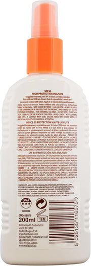 Back of Malibu SPF 50 Sunscreen Spray showing ingredients and drug facts.