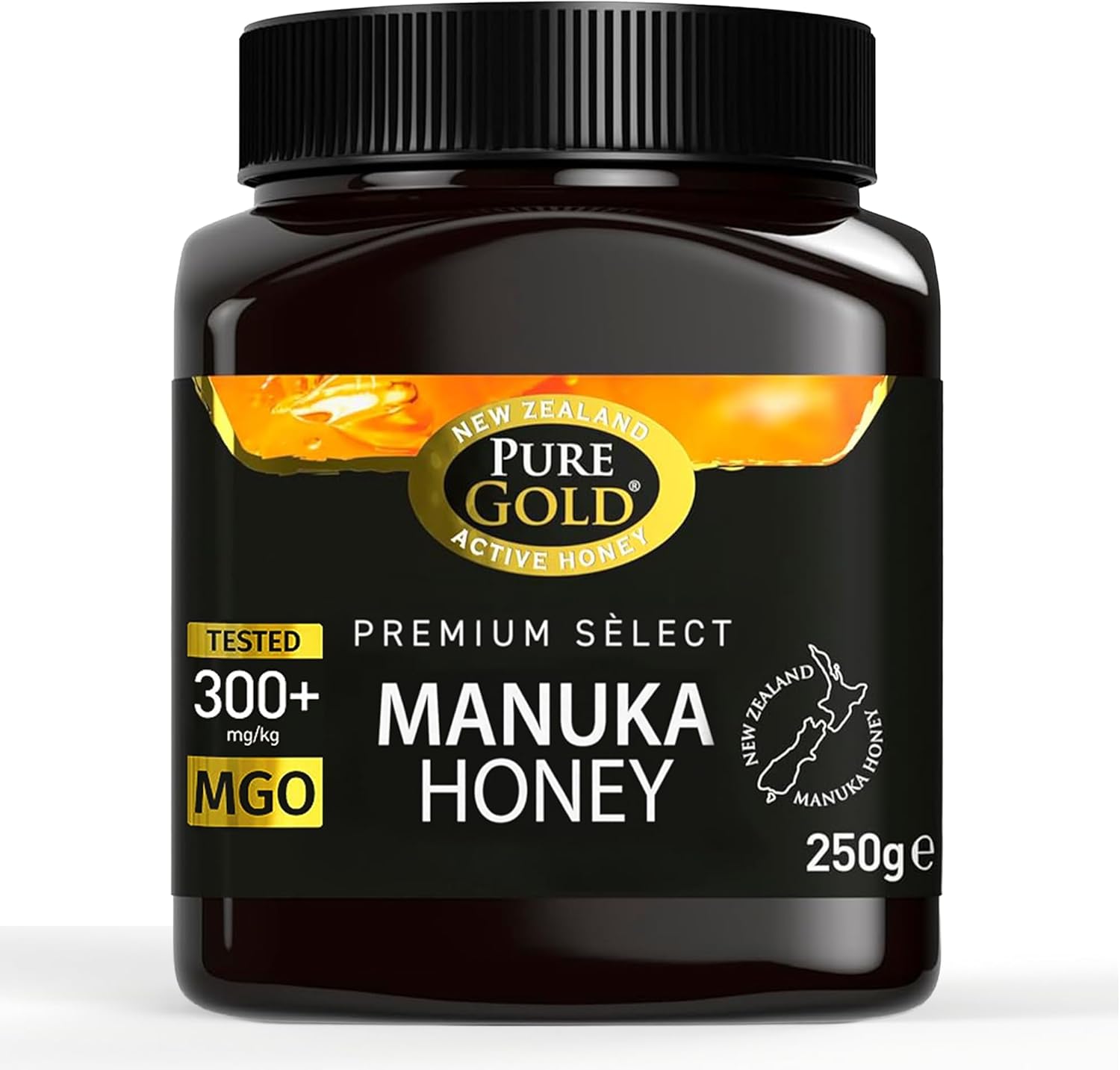 Front image: Pure Gold Manuka honey MGO 300 plus jar raw honey 250g