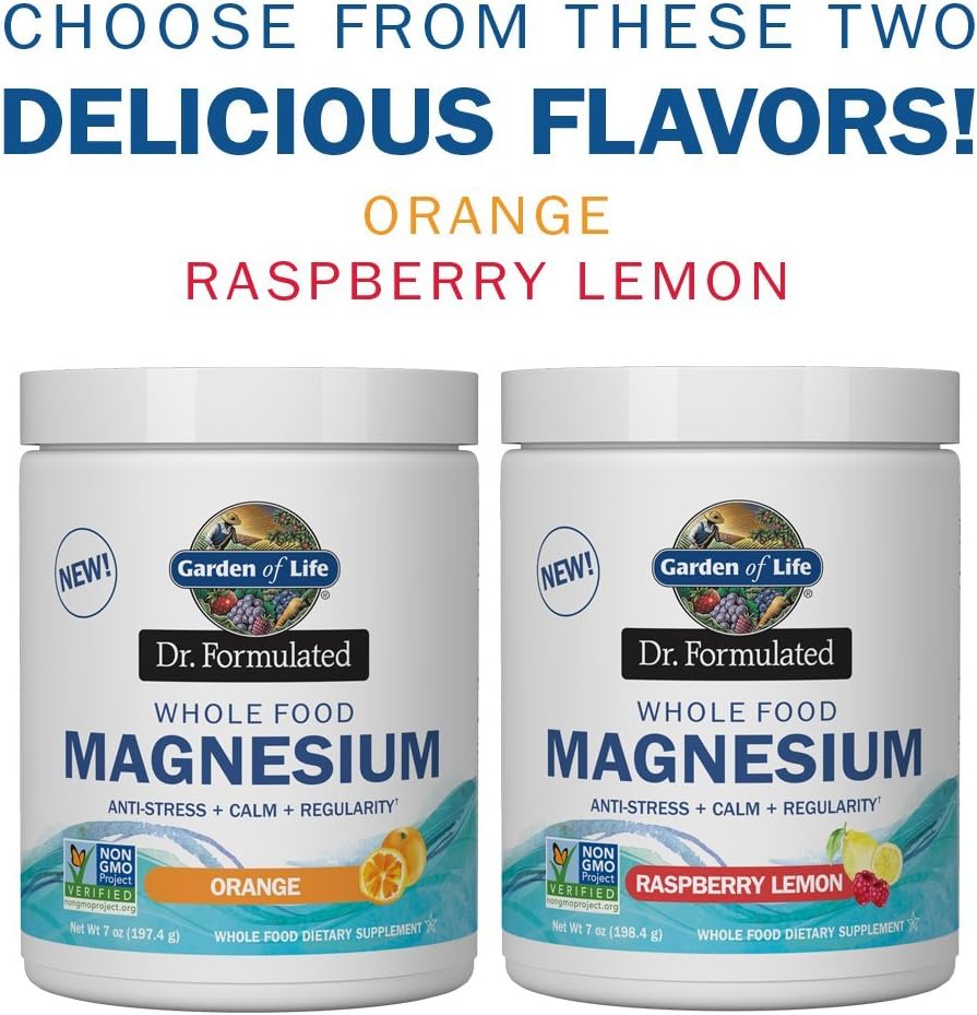 Garden of Life Dr. Formulated Whole Food Magnesium, Orange & Raspberry Lemon variant.