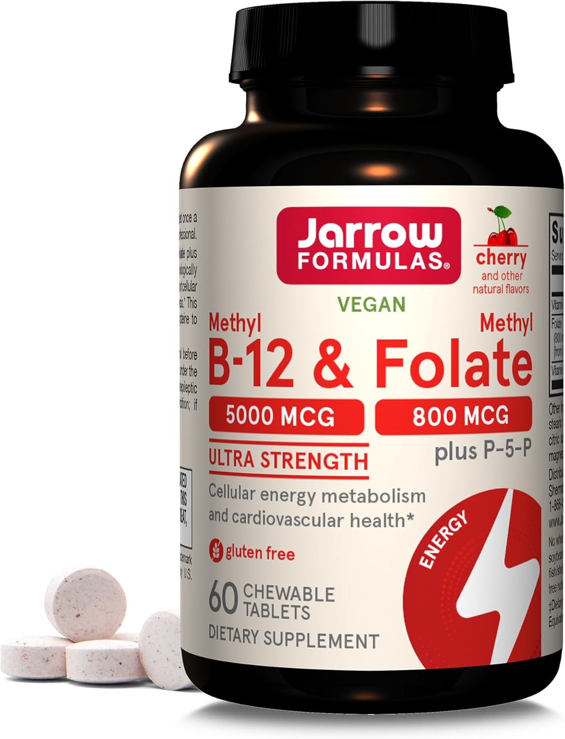 Front Image: Jarrow Formulas methyl b12 5000mcg methyl folate 800mcg chewable tablets 60 count front packaging