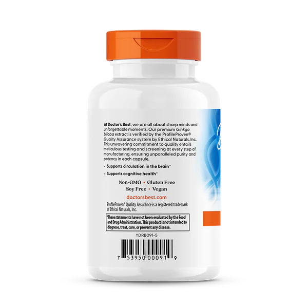 Supplement facts and barcode label for Doctor's Best high-potency Ginkgo extract.