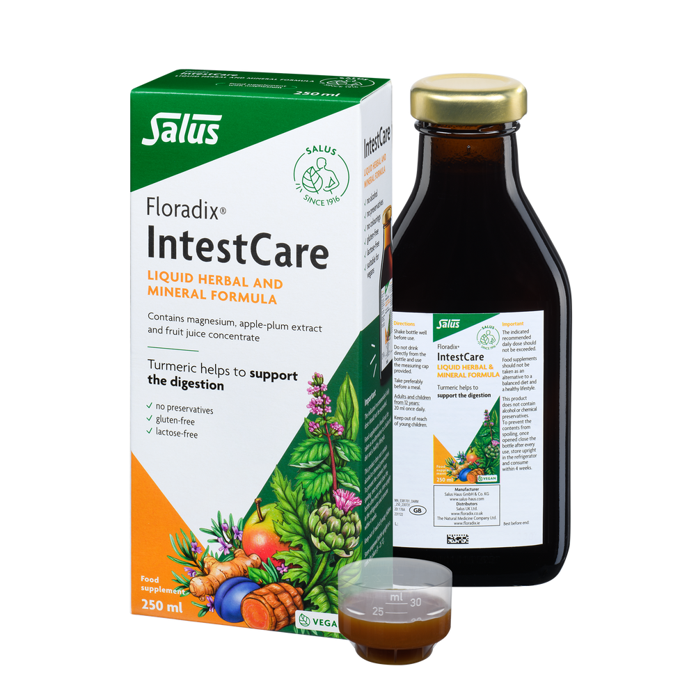 Floradix IntestCare Liquid Herbal & Mineral Formula bottle, box & dosage 250ml.