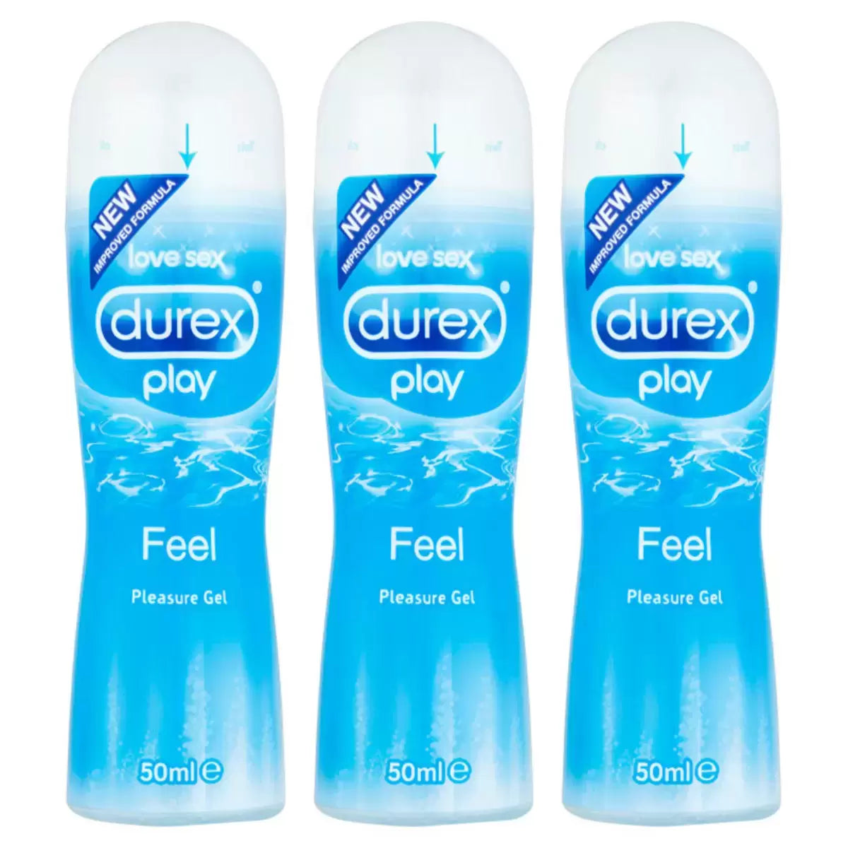 Front Image: Durex Play Feel lubricant gel water based 3x50ml bottles packaging front