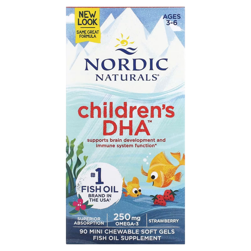 Nordic Naturals Children's DHA Strawberry Chewable 90 Soft Gels box for kids.