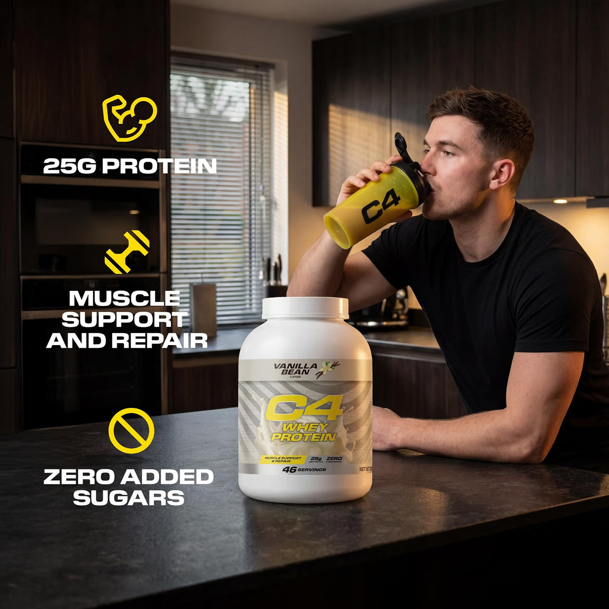 Cellucor C4 Whey Protein Vanilla Bean Flavour protein powder tub 1.57kg shake preparation