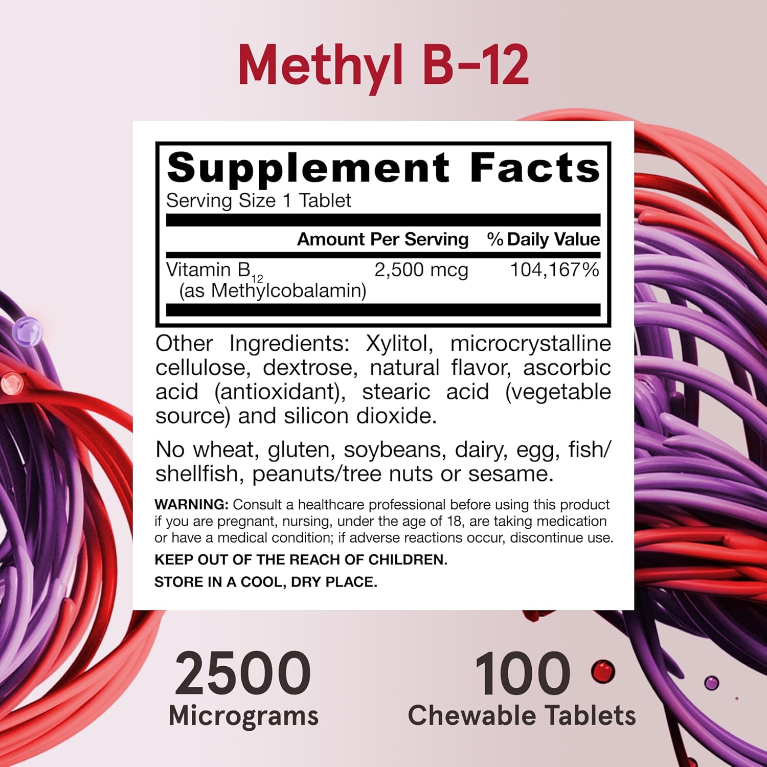 Jarrow Formulas Methyl B-12 2500mcg supplement facts ingredients chewable tablets tropical 100 count