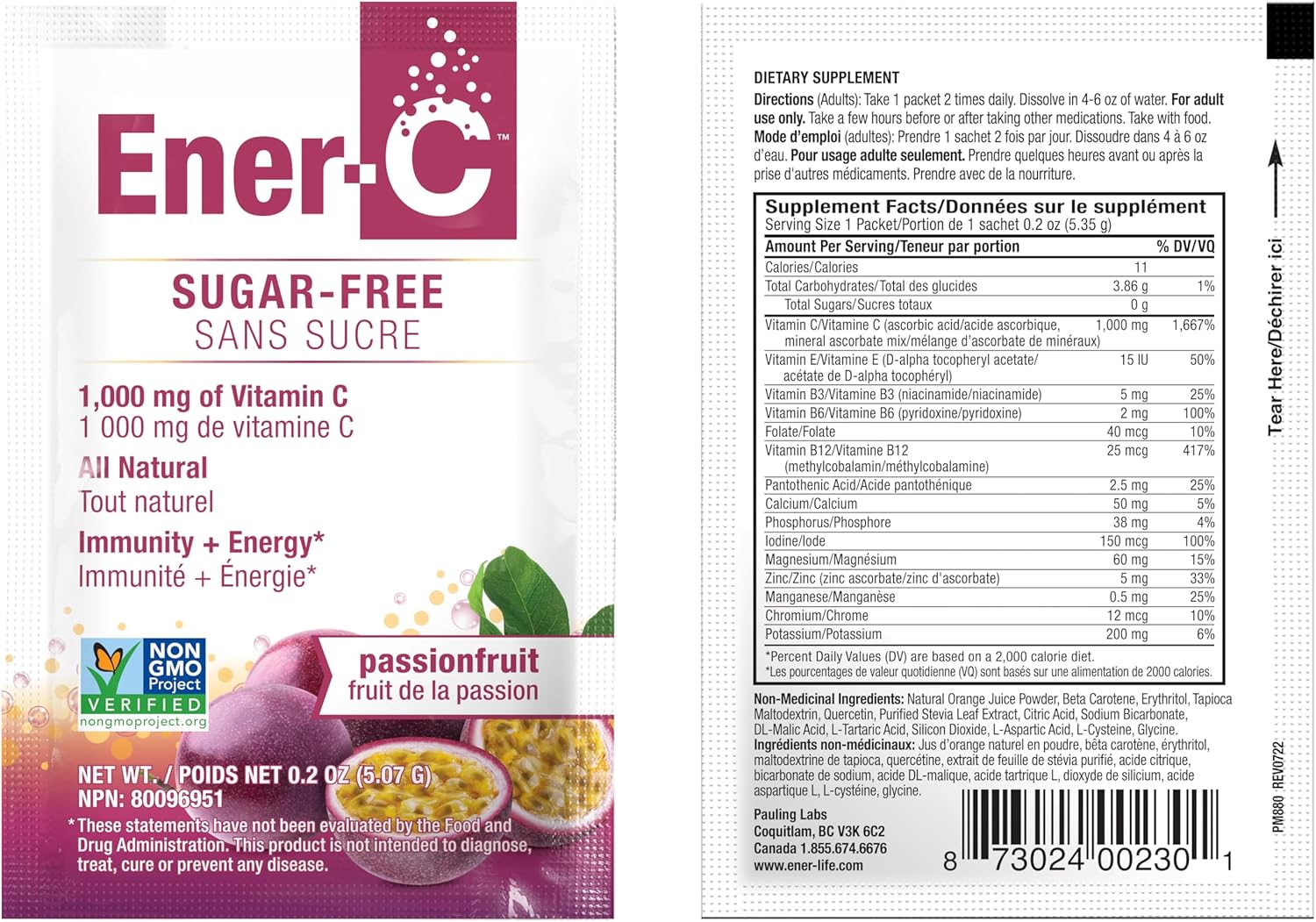 Ener-C Sugar Free Passion Fruit vitamin powder mix front label 5.07g sachets with barcode